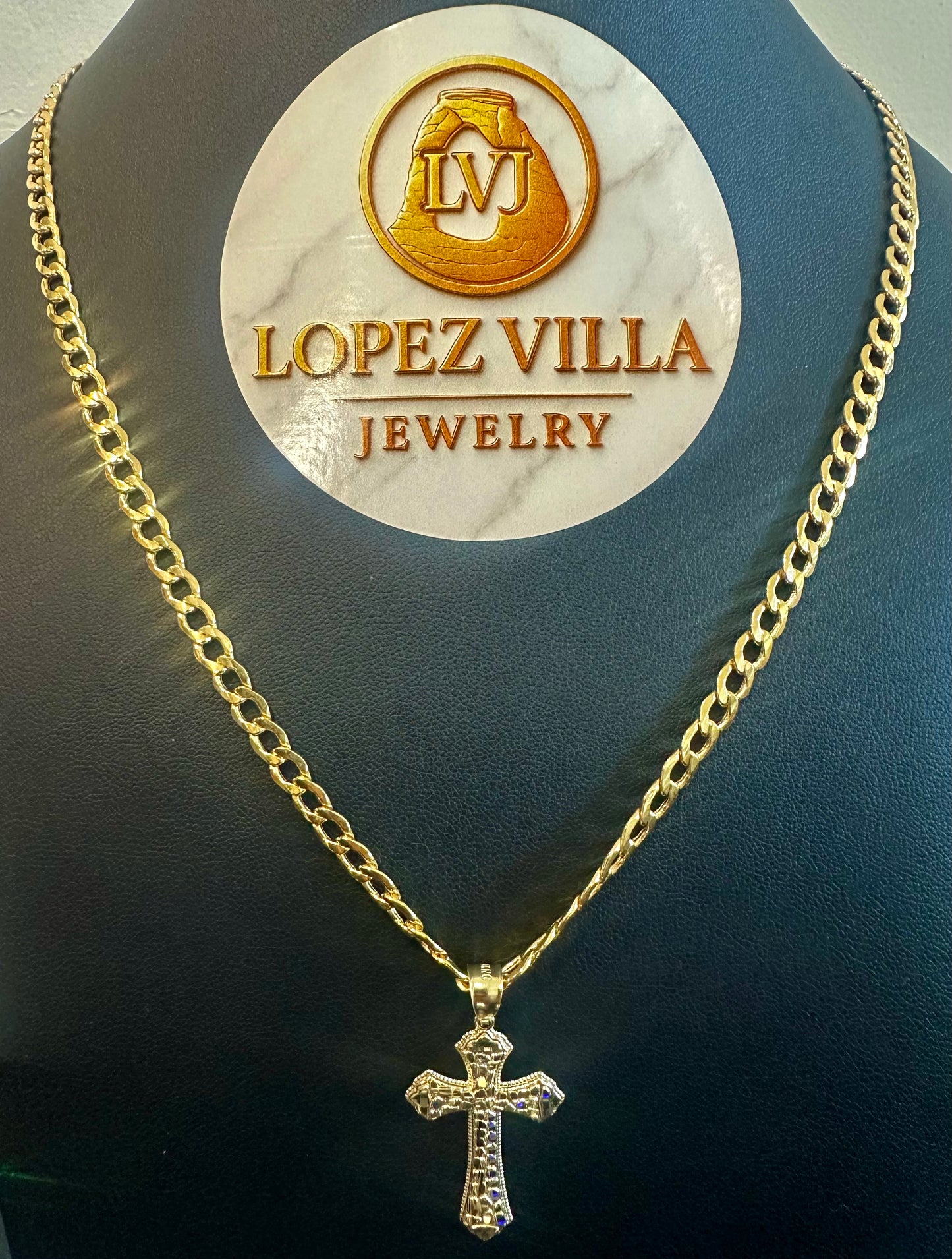 Semi-Solid Cuban Curb Chain with Paved Cross Pendant, 10k Gold, 5MM, 22"