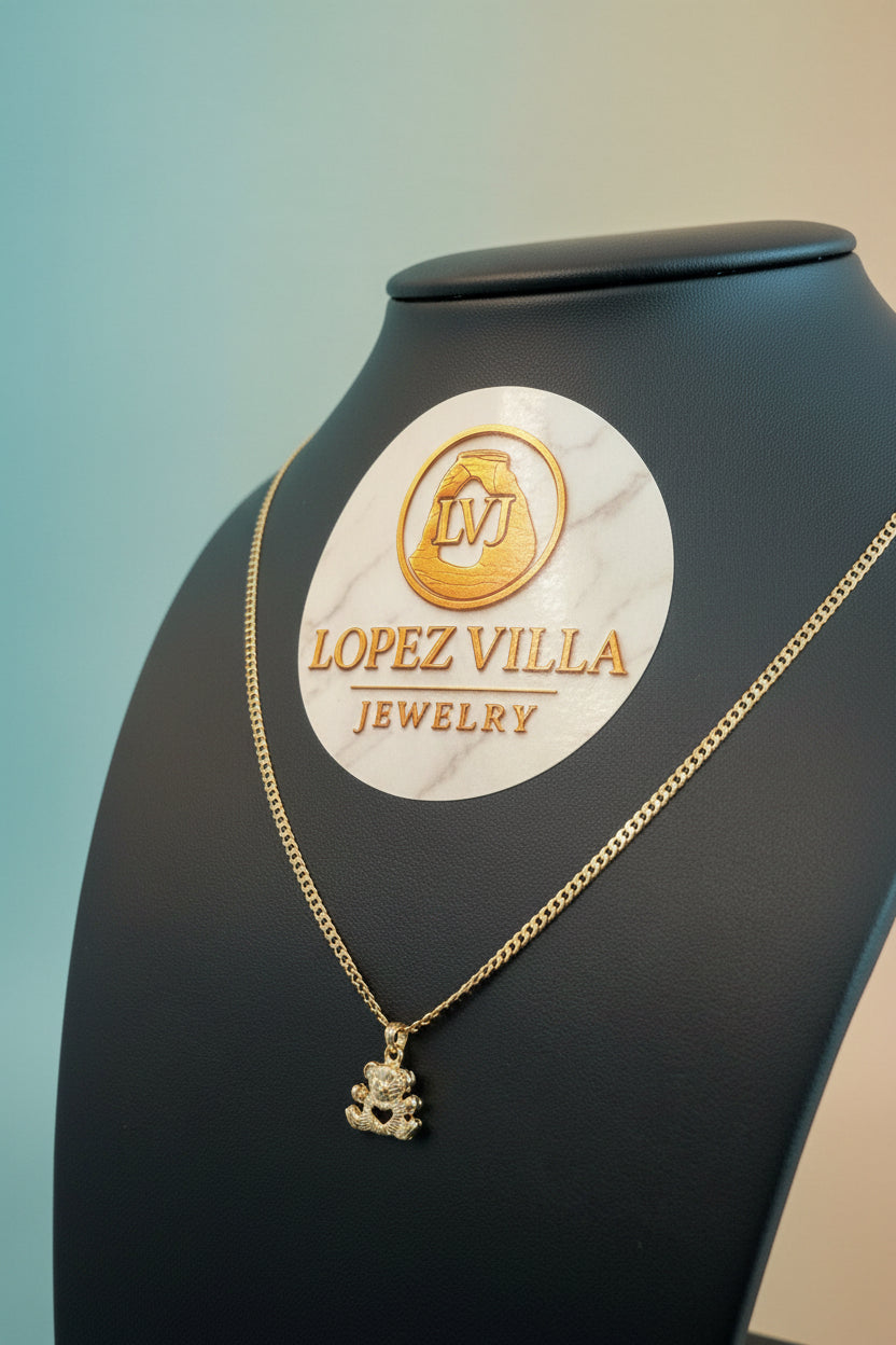 Cadena 2 Tonos con Dije de Osito, Oro 10k, 2.5MM, 22"