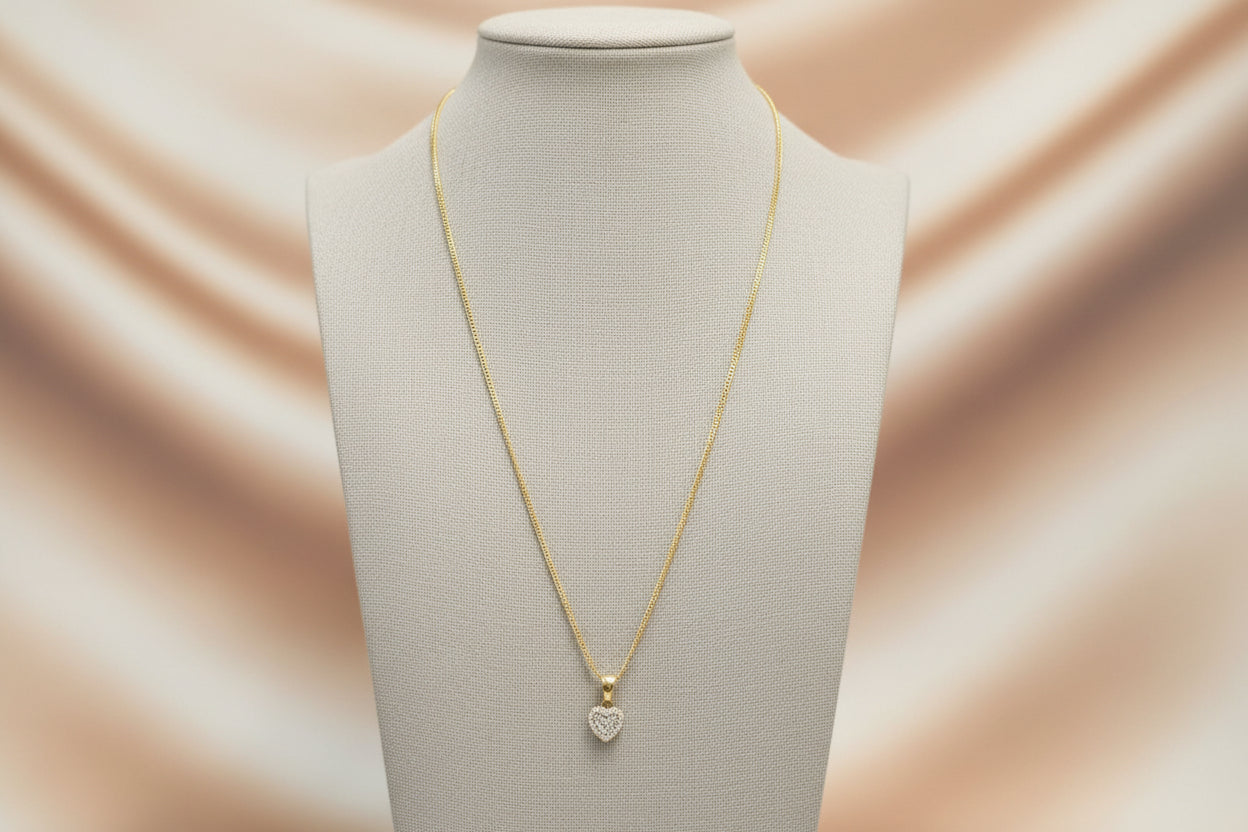 Cadena Franco con Dije de corazón Blanco, Oro 10k, 1.5MM, 22"