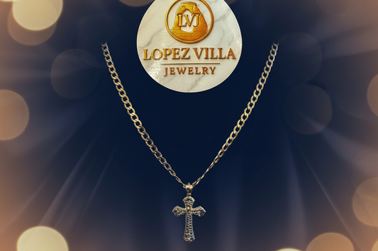 Semi-Solid Cuban Curb Chain with Paved Cross Pendant, 10k Gold, 5MM, 22"