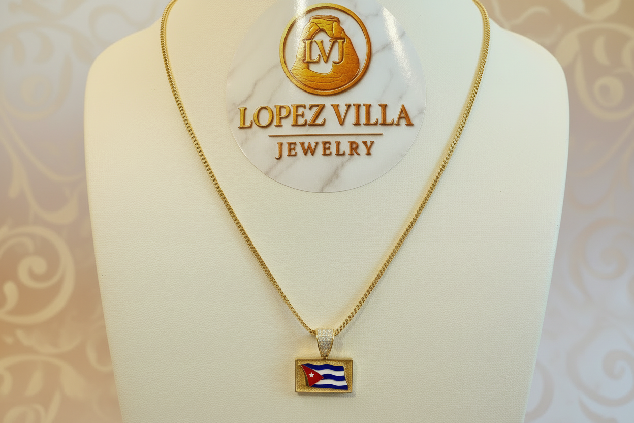 Cadena Franco con dije Bandera Cubana, Oro 10k, 1.8MM, 20"