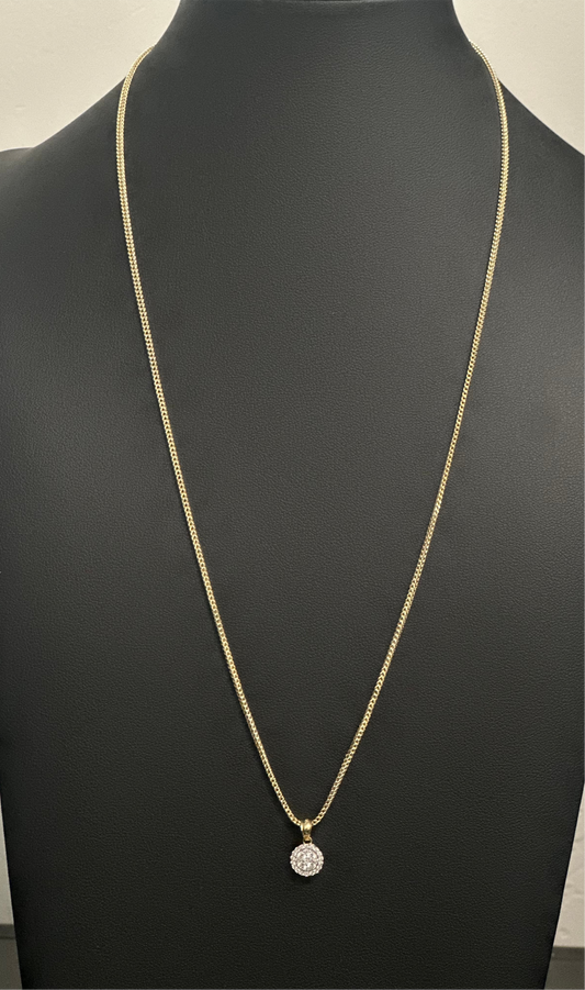 1-Cadena Franco con dije de Flor con piedras, Oro 10k, 1.5mm, 22".
