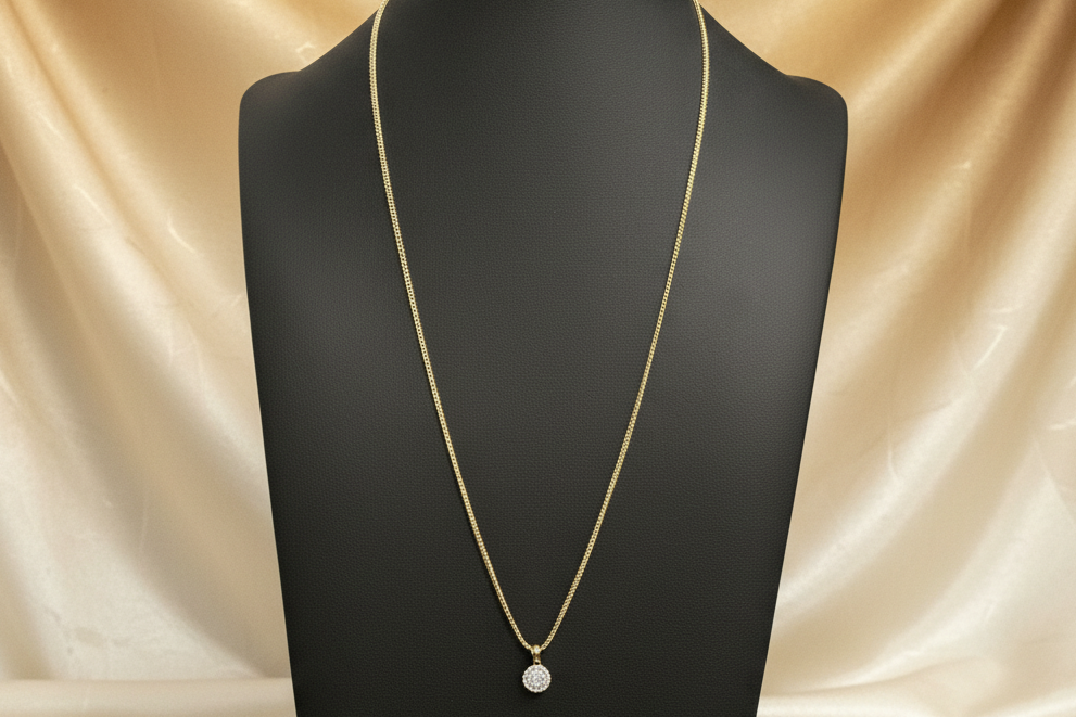 Cadena Franco con dije de Flor con piedras, Oro 10k, 1.5mm, 22".