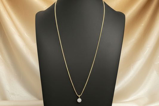 Cadena Franco con dije de Flor con piedras, Oro 10k, 1.5mm, 22".