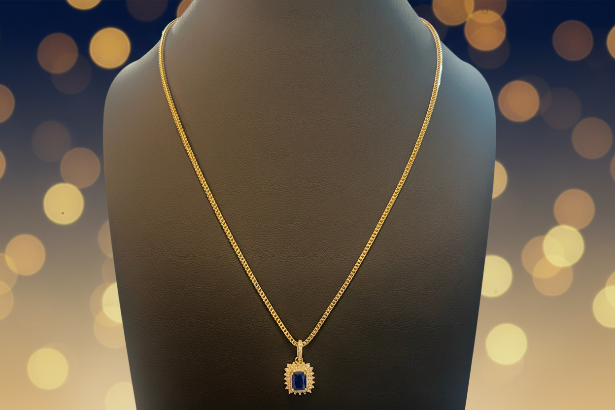Cadena Franco con Dije de piedra azul Oro 10k 1.8mm, 22"