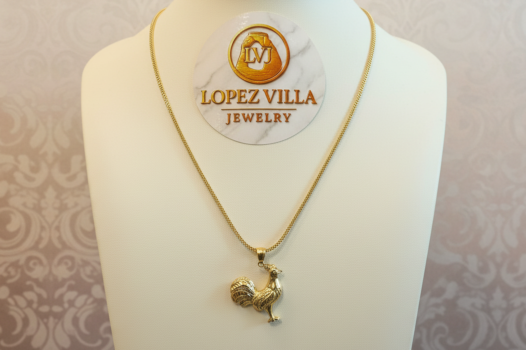 Cadena Franco con dije de Gallo, Oro 10k, 1.8MM, 20"