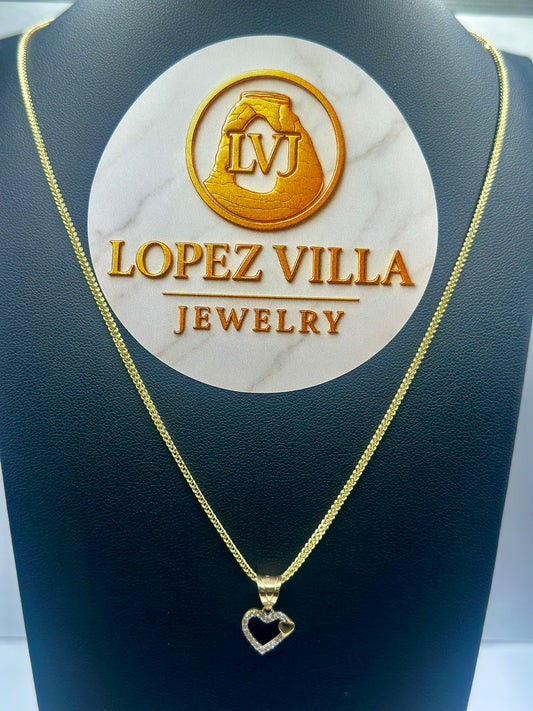 Cadena Franco con dije de corazón, Oro 10k, 1.5mm, 22".