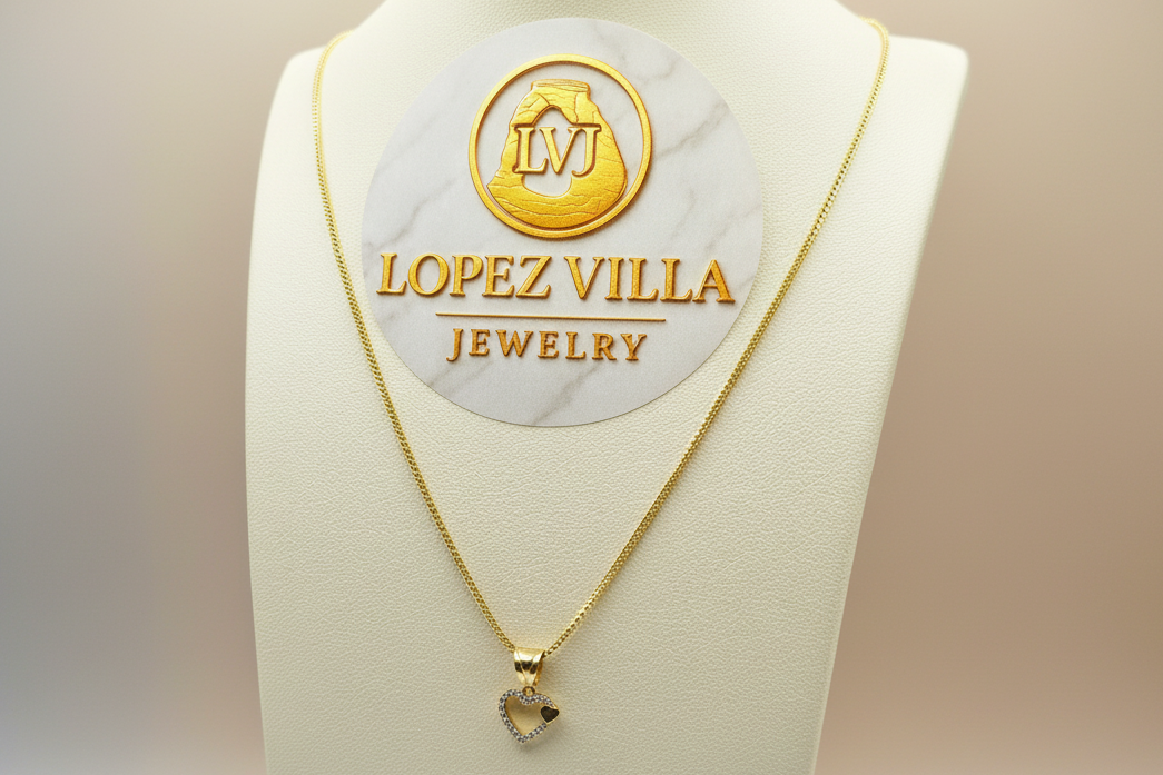 Cadena Franco con dije de corazón, Oro 10k, 1.5mm, 22".