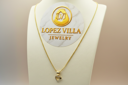 Cadena Franco con dije de corazón, Oro 10k, 1.5mm, 22".