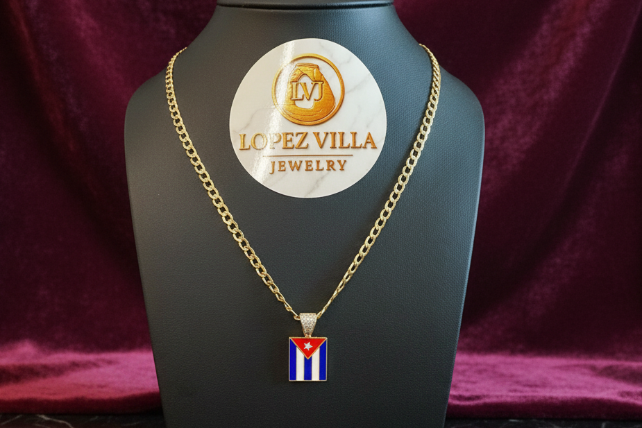 Cadena Cuban Curb, Semi Sólida, con dije Bandera Cubana, Oro 10k, 5MM, 22"