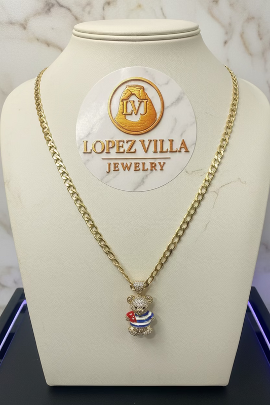 Semi-Solid Cuban Curb Chain with Bear Pendant, 10k Gold, 5MM, 22"
