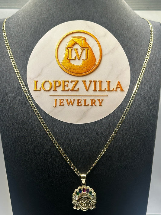 Cadena Corte brillo 2.5MM, 22" con Dije Indio de piedras ,Oro 10k