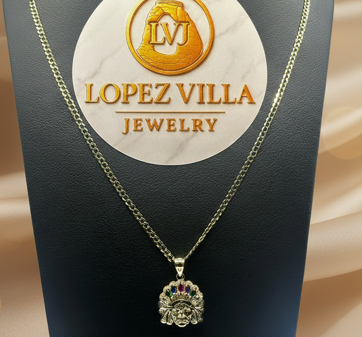 Cadena Corte brillo 2.5MM, 22" con Dije Indio de piedras ,Oro 10k
