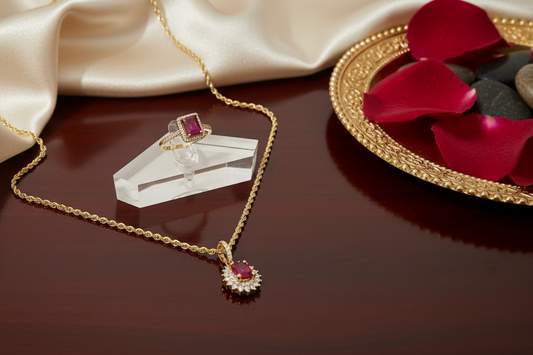 Set #2 Piedras Rojas. Cadena Torcida, Oro 14k, 2MM, 18". Dije y Anillo Oro 10k, Talla 7