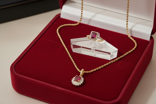 Set #2 Piedras Rojas. Cadena Torcida, Oro 14k, 2MM, 18". Dije y Anillo Oro 10k, Talla 7