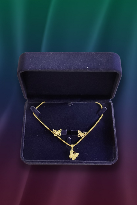 Set #4 Cadena Franco 1.8MM, 20" con Dije Mariposa, Aretes Mariposa, Oro 10k