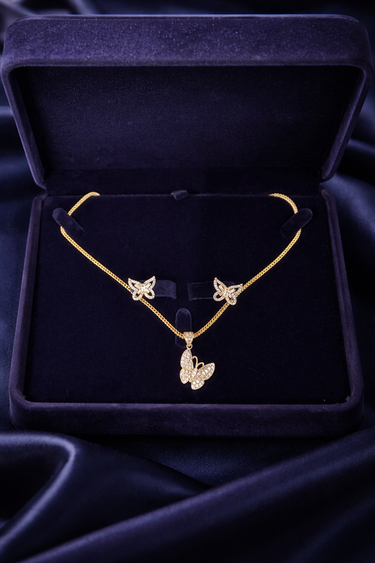 Set #4 Cadena Franco 1.8MM, 20" con Dije Mariposa, Aretes Mariposa, Oro 10k