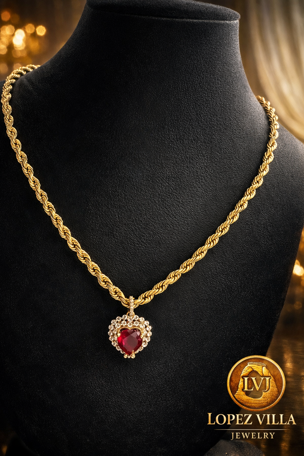 Cadena Torcida Oro 10k (Italiana Original), 4.5MM, 22", Dije Corazón Rojo.