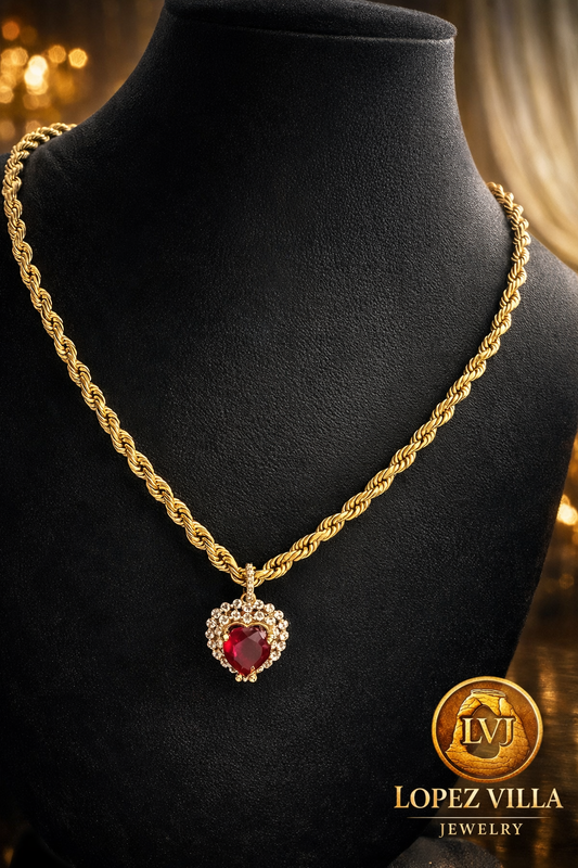 Cadena Torcida Oro 10k (Italiana Original), 4.5MM, 22", Dije Corazón Rojo.